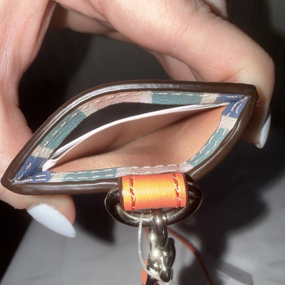 Coach Laynard ID Credit Card Key Holder Pink Teal Blue White Striped Wallet New - Picture 6 of 11
